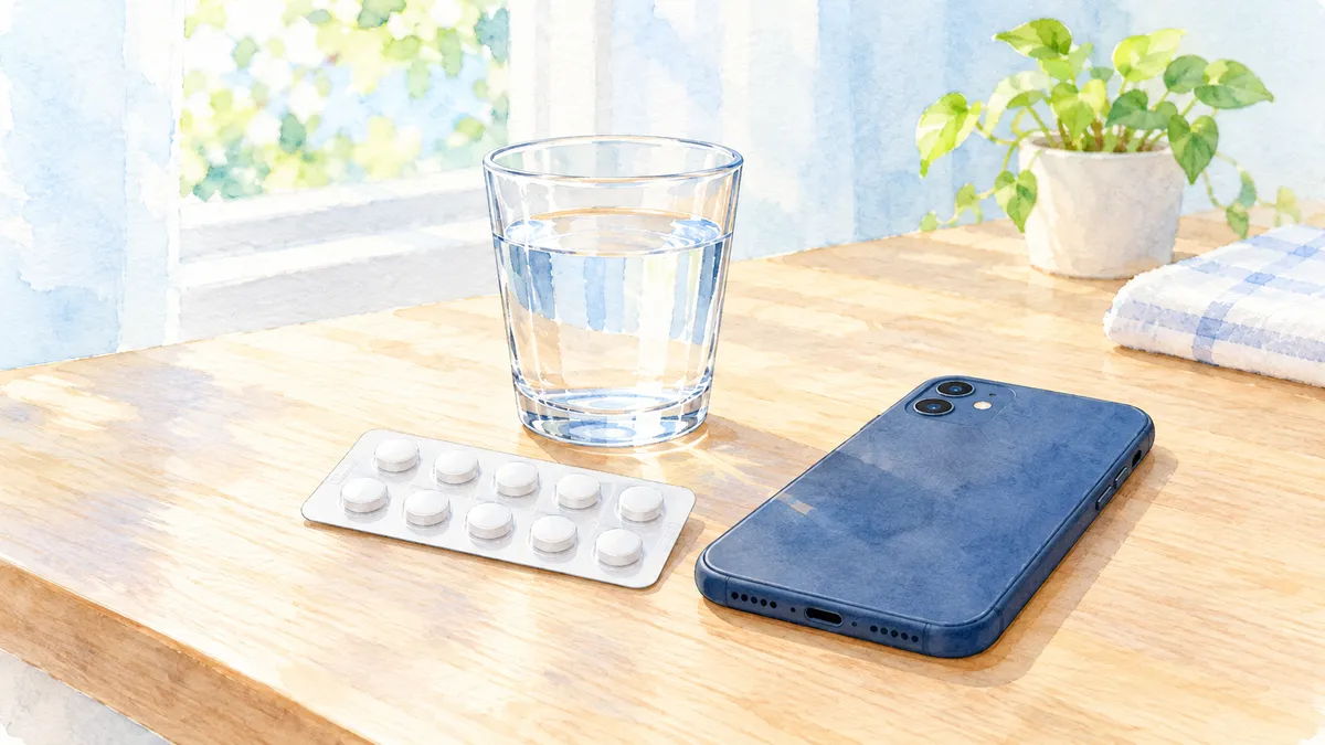 錠剤シートとコップの水、スマホ
