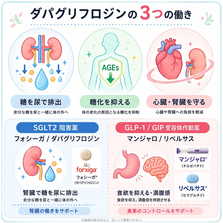 ダパグリフロジンの3つの働き:糖を尿で排出、糖化を抑える、心臓・腎臓を守る。SGLT2阻害薬とGLP-1/GIP受容体作動薬の違い