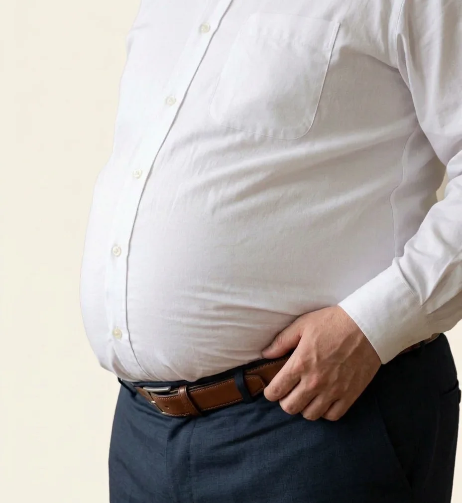 白いワイシャツの腹まわりが前にせり出し、ベルトに手を添えている男性の胴まわり（顔は写っていない）