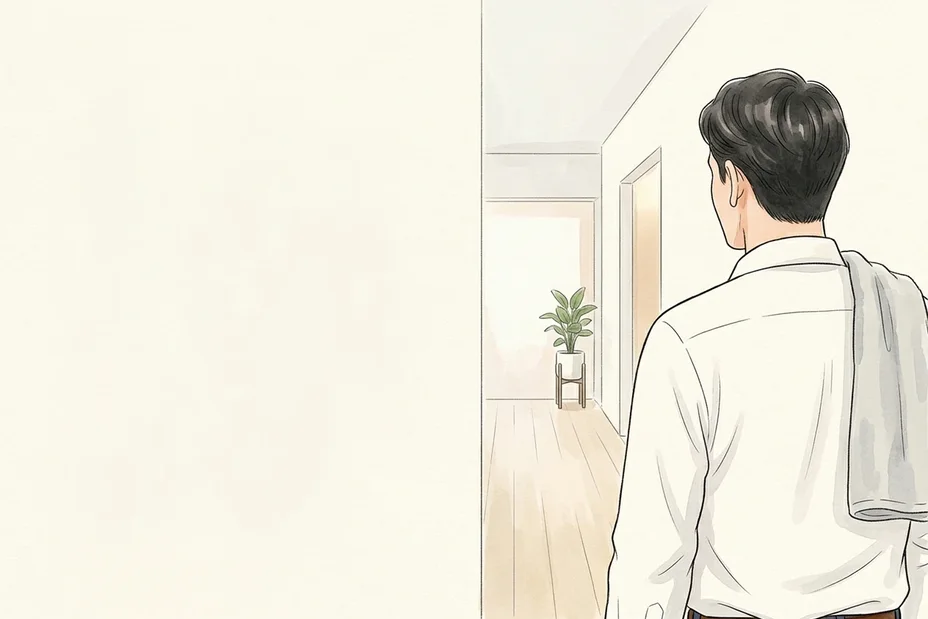 明るい廊下で、肩にタオルをかけた白いシャツ姿の男性の後ろ姿の水彩風イラスト。見た目の手入れと、体重は、別の話。