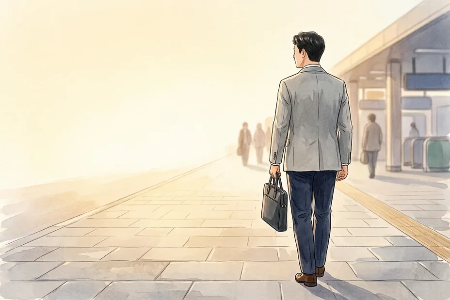 朝の光の中、かばんを手に駅へ向かって歩くジャケット姿の男性の後ろ姿の水彩風イラスト。今日ひとつ、自分のために。