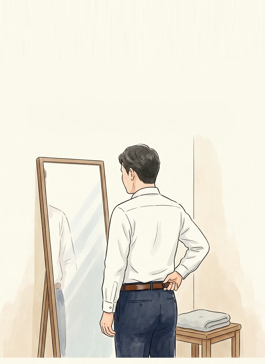 鏡の前に立ち、ベルトに手を添える白いシャツ姿の40代男性の後ろ姿の水彩風イラスト（顔は描かれていない）