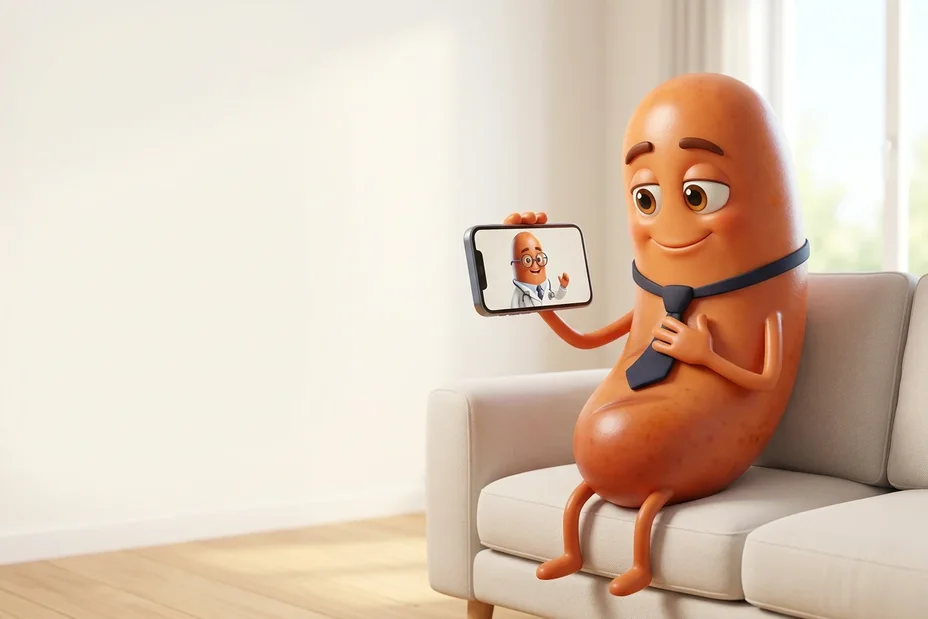 自宅のソファで、スマートフォンのビデオ通話で白衣の医師キャラクターと話し、胸に手を当ててほっとした表情のソーセージのキャラクター（イラストはイメージです）。医師と話すのは、スマホで5〜10分。