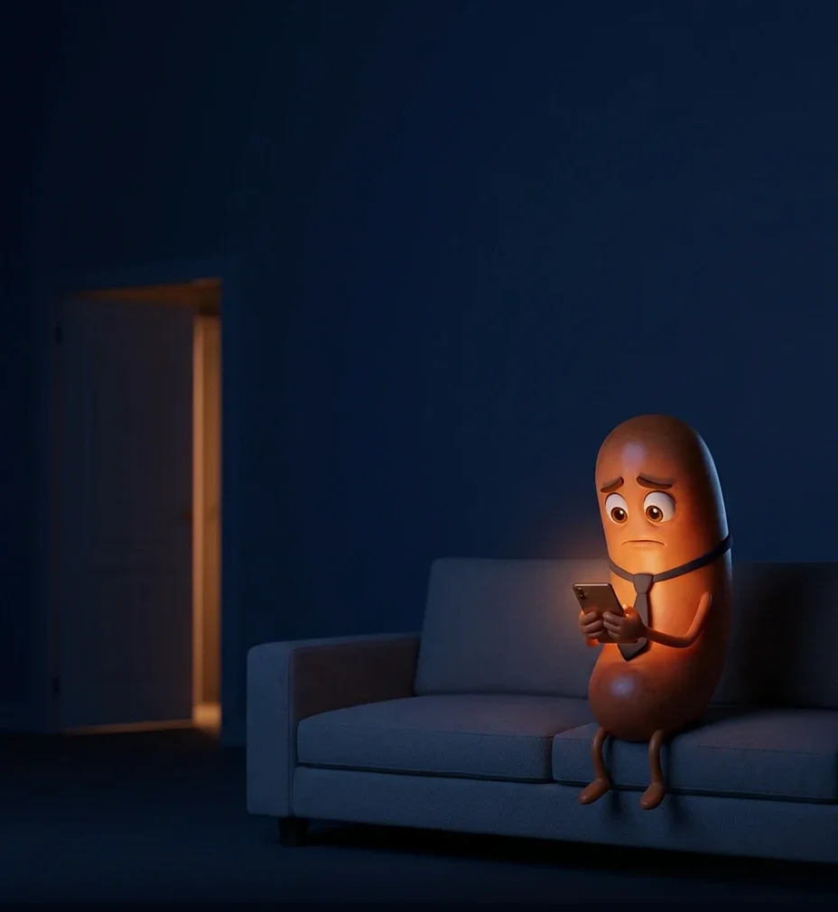 夜、照明を落としたリビングのソファで、スマートフォンの画面を見つめて考え込むソーセージのキャラクター