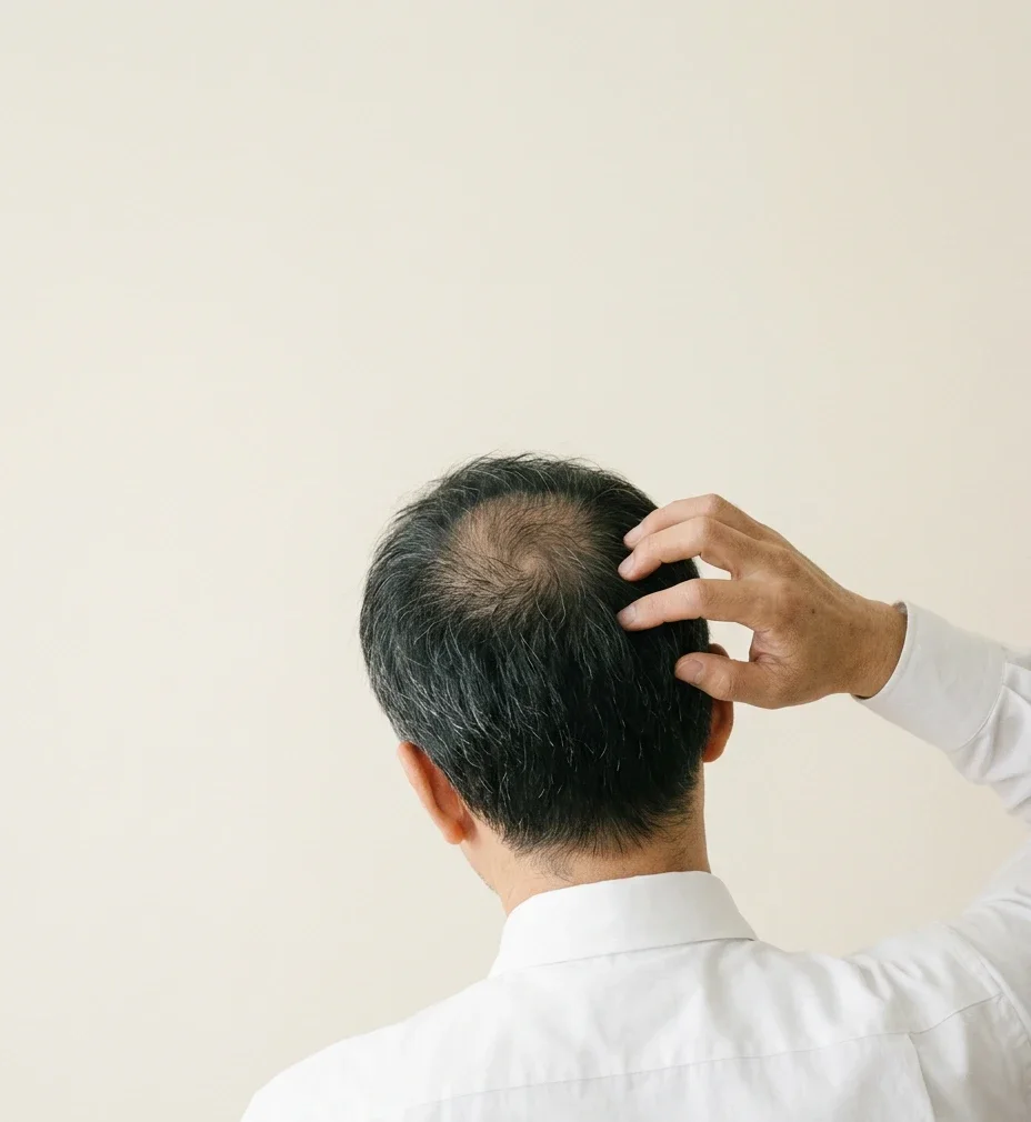 白いワイシャツの40代の男性の後ろ姿。つむじのあたりが薄くなった頭に手をやっている（顔は写っていない）