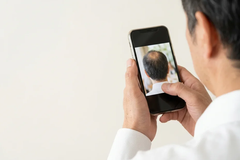 スマートフォンに写った、自分の後ろ姿の写真（つむじの薄さ）を見つめる男性の手元。鏡では、見えなかった。