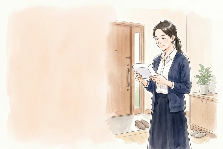 玄関で、小さな無地の白い箱を両手で持ち、ほほえんで見つめる女性の水彩風イラスト。外箱から商品が特定されない安心配送。