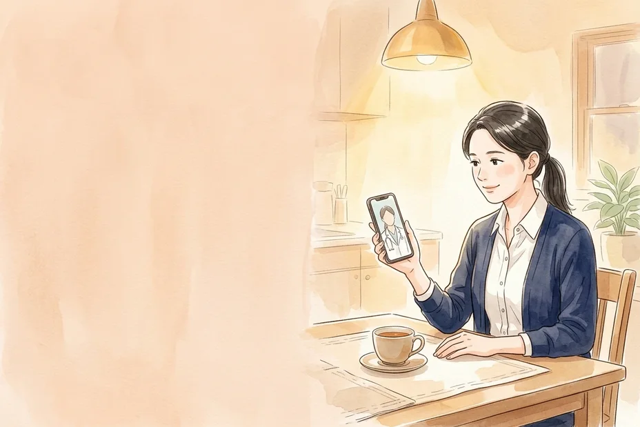 キッチンのテーブルで、スマートフォンのビデオ通話で医師と話す女性の水彩風イラスト。予約も問診も、スマホで。話すのは5〜10分。