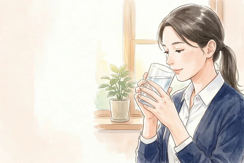 朝のキッチン、窓の光の中で、コップの水を手にした女性の手元と横顔の水彩風イラスト。今日ひとつ、自分のために。