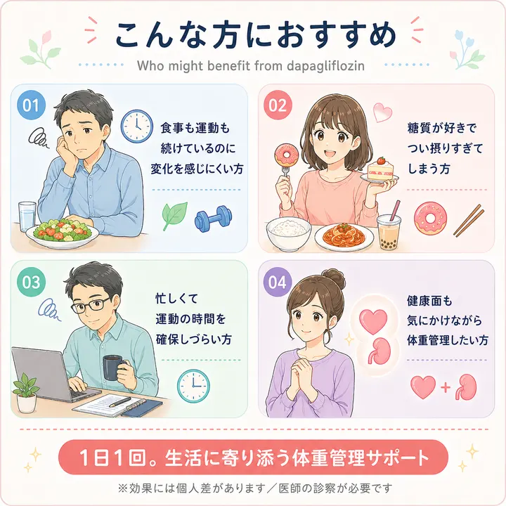 こんな方におすすめ:食事や運動を続けても変化が出にくい方、糖質が好きでつい摂りすぎてしまう方、忙しくて運動の時間が確保しづらい方、健康面も気になり始めている方(メインサイトの掲載画像)