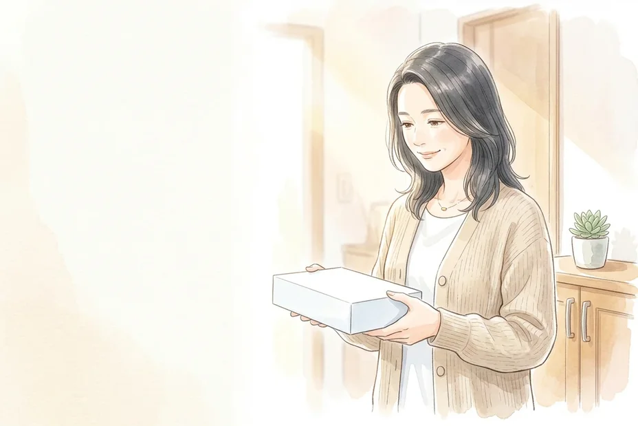 玄関で、小さな無地の白い箱を両手で持ち、ほほえんで見つめる、カーディガン姿の女性の水彩風イラスト。外箱から商品が特定されない安心配送。