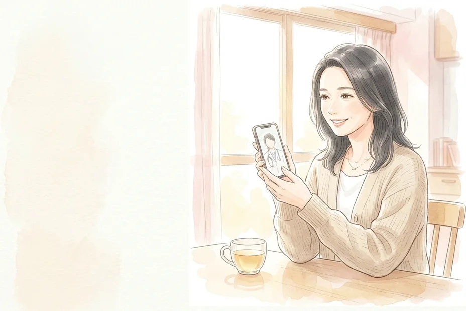 窓辺のテーブルで、お茶を前に、スマートフォンのビデオ通話で医師と話す女性の水彩風イラスト。ほほえんだ表情。医師と話すのは、スマホで5〜10分。