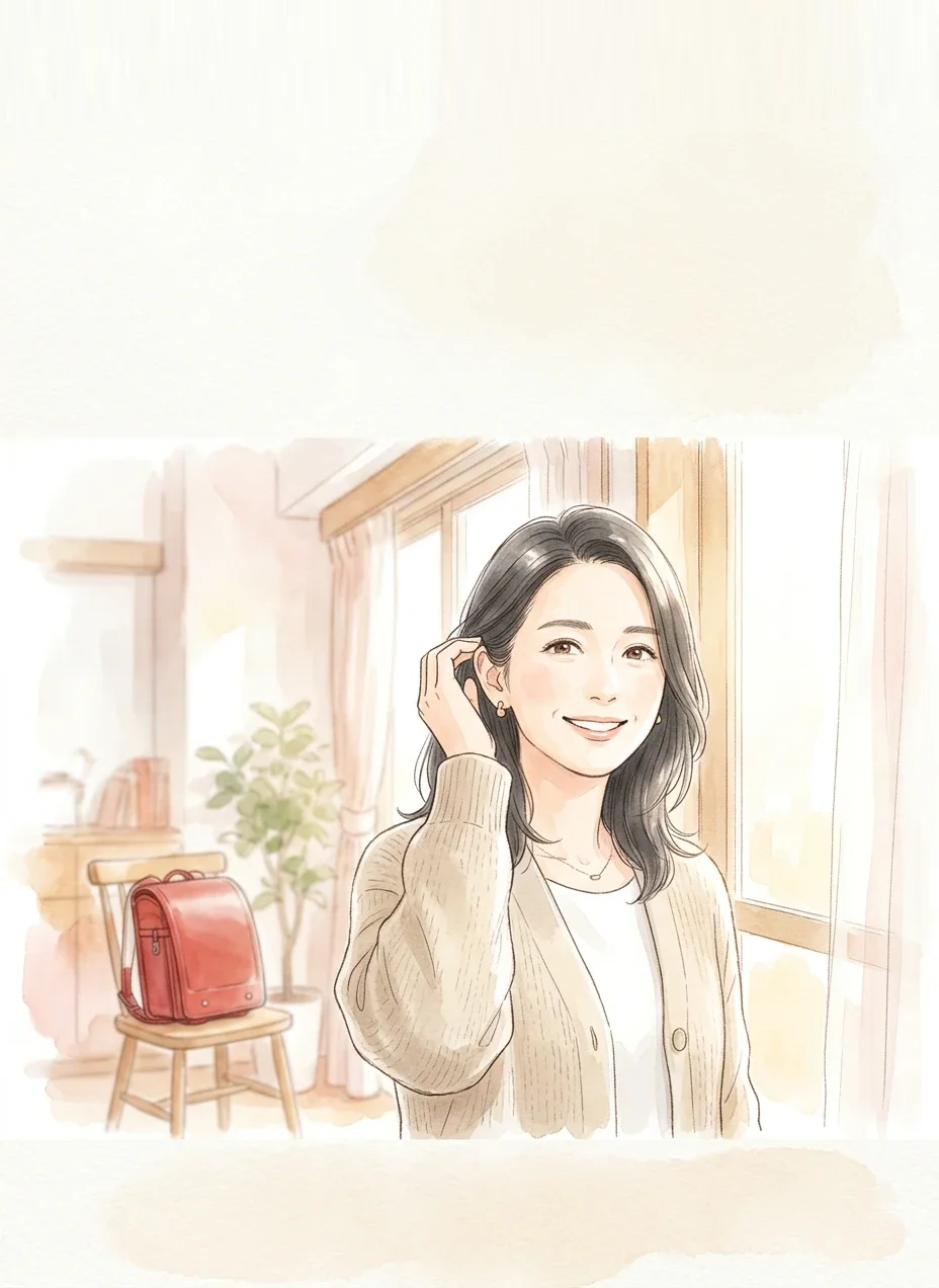朝の窓辺で、ベージュのカーディガン姿の40代の女性が髪を耳にかけ、穏やかにほほえんでいる水彩風のイラスト。奥の椅子に赤いランドセル